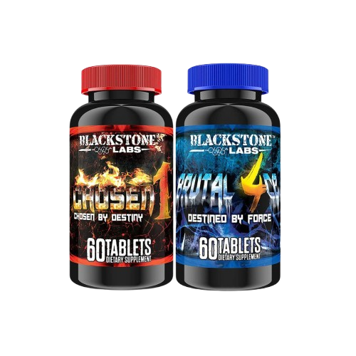 Two Blackstone Labs dietary supplement bottles, one red and one blue, on a white background.