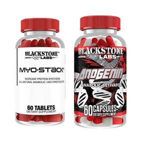 A bottle of Blackstone Labs Myo-Stack and Anogenin on a white background.