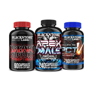A bottle of Blackstone Labs Gear Support, Apex Male, and PCT-V on a white background.