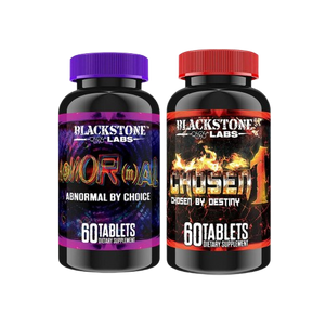 Two Blackstone Labs supplement bottles, 'Abnormal' and 'Chosen 1', on a white background.