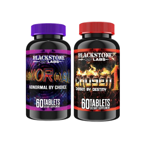 Two Blackstone Labs supplement bottles, 'Abnormal' and 'Chosen 1', on a white background.
