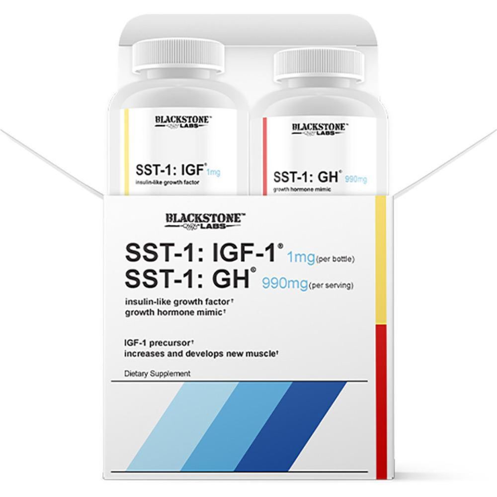 Two bottles of Blackstone Labs SST-1: IGF and SST-1 GH supplements on a white background