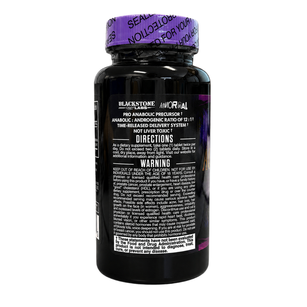Blackstone Labs AbNORmal dietary supplement bottle, showing the back label and purple seal cap on a white background.