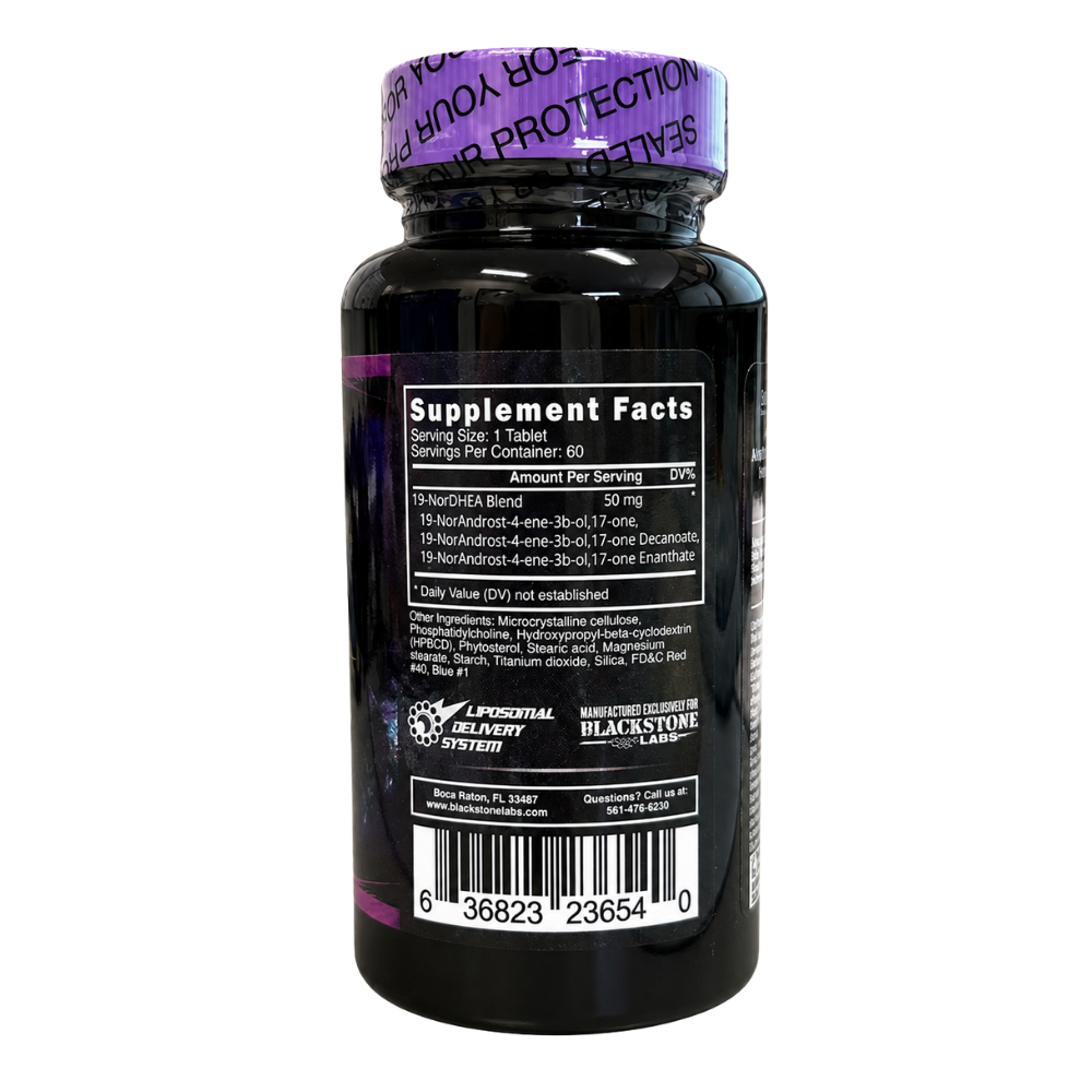 A bottle of Blackstone Labs 'AbNORmal' dietary supplement containing 60 tablets, featuring a black bottle with a purple cap and a colorful cosmic-themed label.
