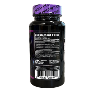 A black supplement bottle with a purple seal on the cap, showing the back label with 'Supplement Facts' and a barcode on a white background.
