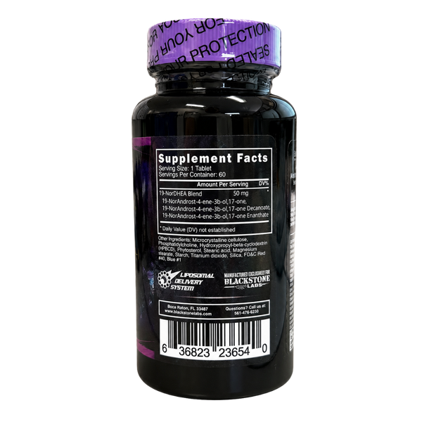 A black supplement bottle with a purple seal on the cap, showing the back label with 'Supplement Facts' and a barcode on a white background.