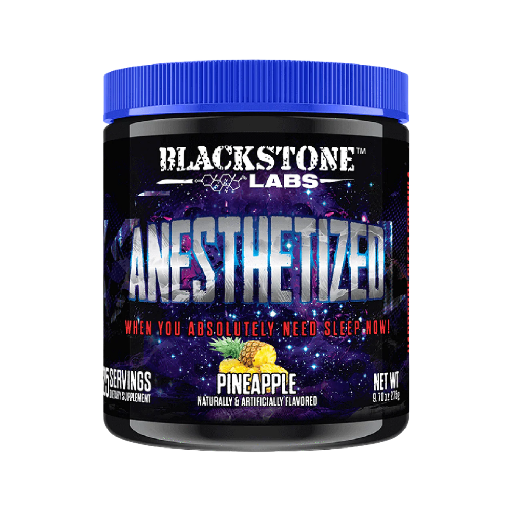 Blackstone Labs Anesthetized supplement container in the pineapple flavor on a white background