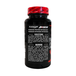 A black supplement bottle with a red cap, labeled Anodemin by Blackstone Labs, on a plain white background.