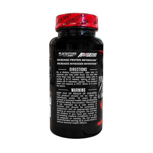 A black supplement bottle with a red cap, labeled Anodemin by Blackstone Labs, on a plain white background.