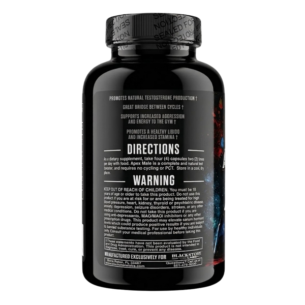  Blackstone Labs Apex Male 240 Capsules directions and warnings listed on bottle