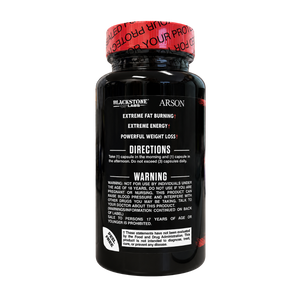 A black supplement bottle with a red cap from the brands BlackStone and Arson, featuring white and red text on the label.