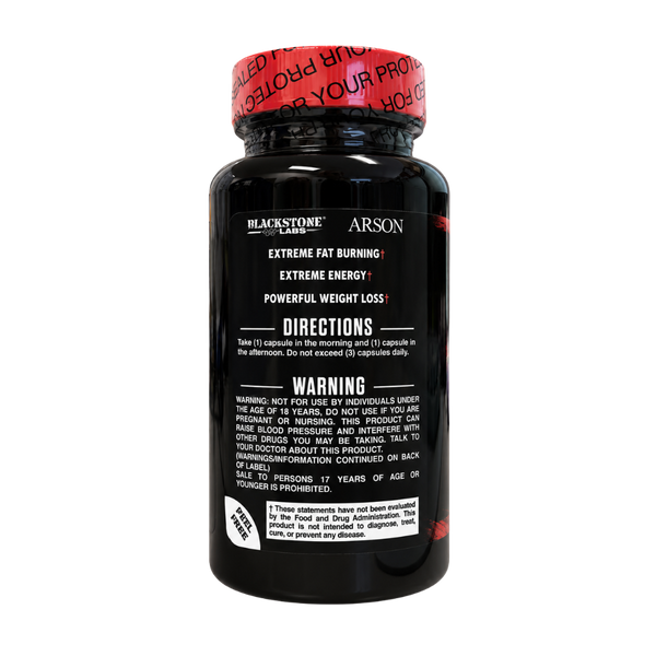 A black supplement bottle with a red cap from the brands BlackStone and Arson, featuring white and red text on the label.