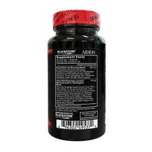 Blackstone Labs Arson supplement bottle showing the back label and red seal cap on a white background.