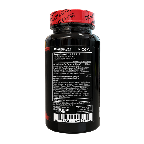Blackstone Labs Arson supplement bottle showing the back label and red seal cap on a white background.