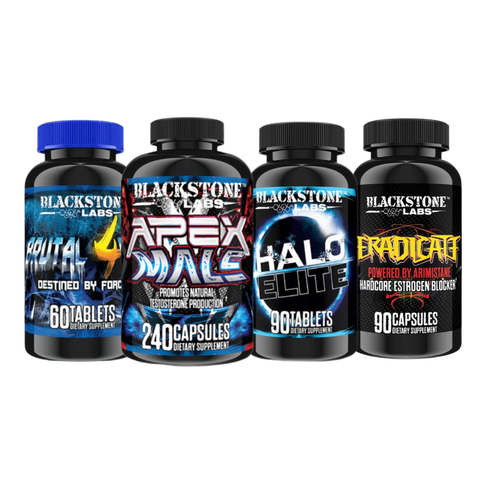 One bottle of Blackstone Labs Brutal 4ce, Apex Male, Halo Elite, and Eradicate on a white background.