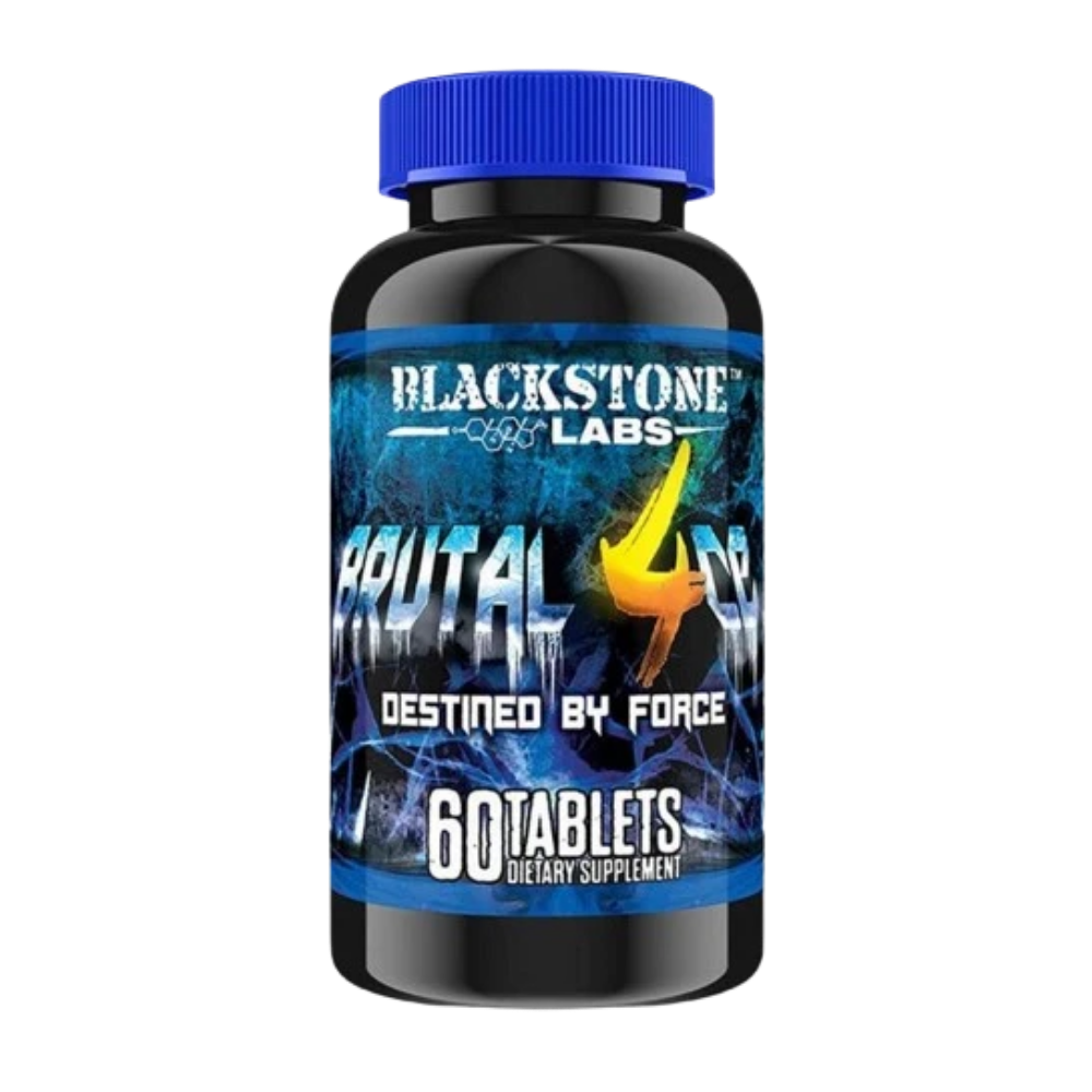 A black plastic bottle of Blackstone Labs Reptilian 4 dietary supplement with a blue ribbed cap and a blue label featuring a yellow lightning bolt graphic.