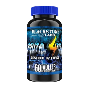A black plastic bottle of Blackstone Labs Reptilian 4 dietary supplement with a blue ribbed cap and a blue label featuring a yellow lightning bolt graphic.