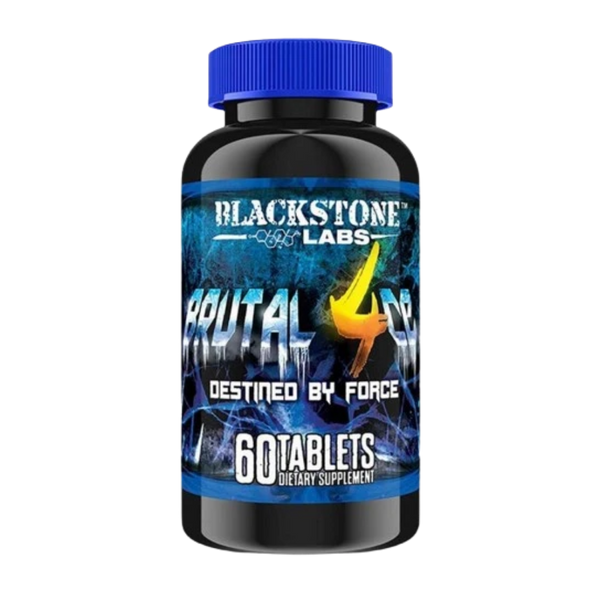 A black plastic bottle of Blackstone Labs Reptilian 4 dietary supplement with a blue ribbed cap and a blue label featuring a yellow lightning bolt graphic.