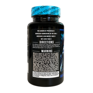 A black supplement bottle with a bright blue cap, showing the back label of a pre-anabolic precursor supplement. The label features white text, a warning section, and a blue graphic of a muscular figure.