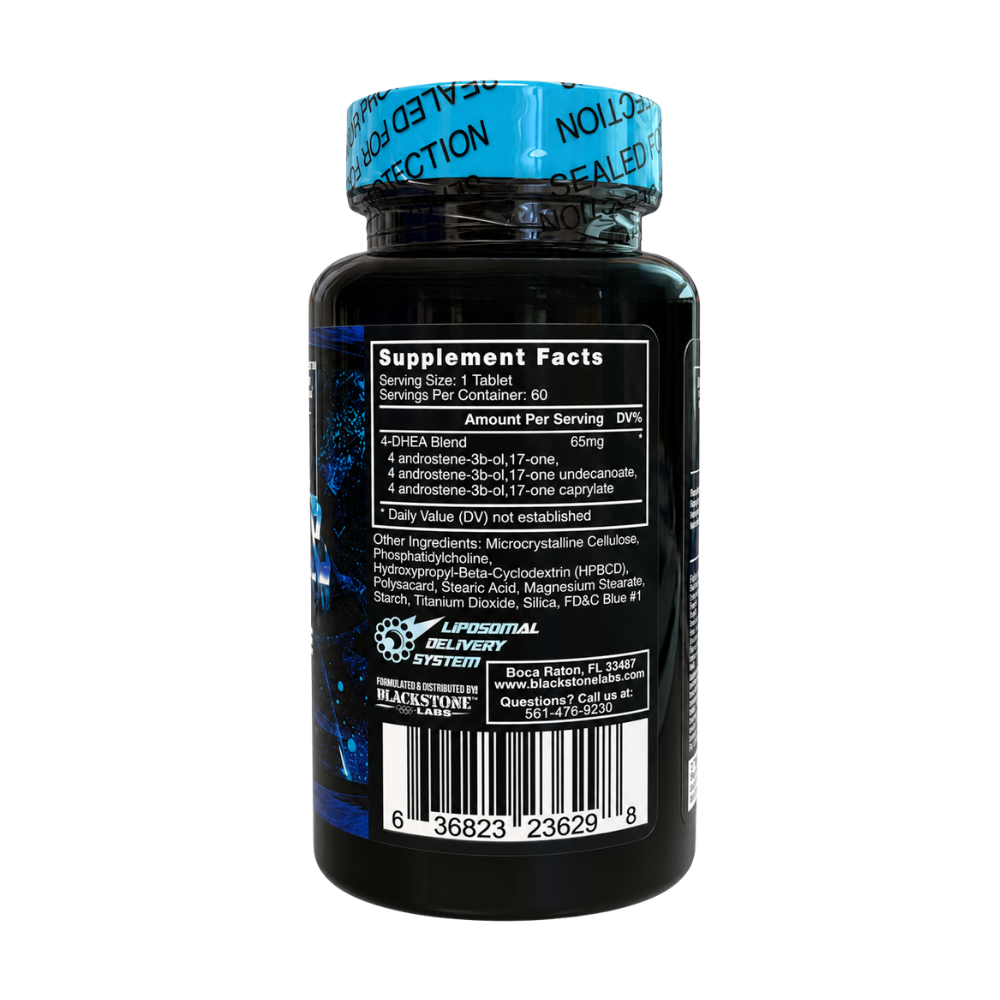 A black plastic bottle of Blackstone Labs Reptilian 4 dietary supplement with a blue ribbed cap and a blue label featuring a yellow lightning bolt graphic.