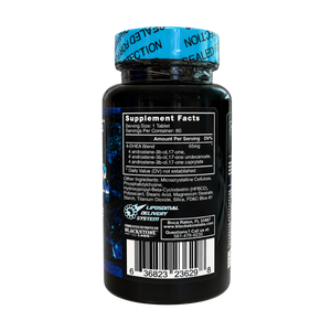 A black supplement bottle with a bright blue cap, showing the back label with Supplement Facts, Lymphatic System branding, and a barcode on a plain white background.