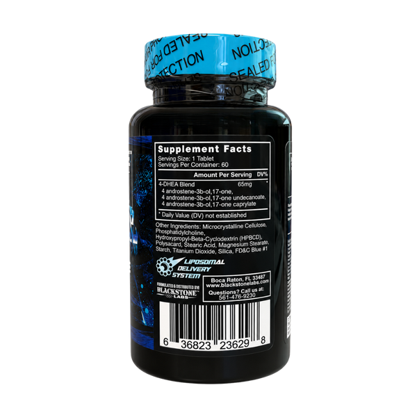 A black supplement bottle with a bright blue cap, showing the back label with Supplement Facts, Lymphatic System branding, and a barcode on a plain white background.