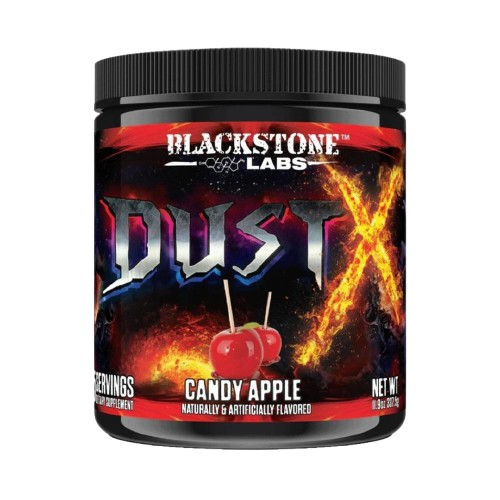 A tub of Blackstone Labs Dust-X on a white background. Flavor is Candy Apple