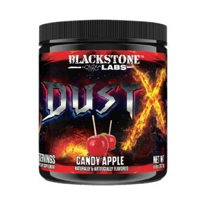 A tub of Blackstone Labs Dust-X on a white background. Flavor is Candy Apple