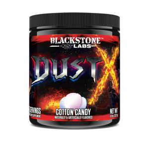 A tub of Blackstone Labs Dust-X on a white background. Flavor is Cotton Candy.