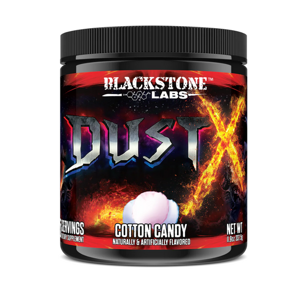 A tub of Blackstone Labs Dust-X on a white background. Flavor is Cotton Candy.