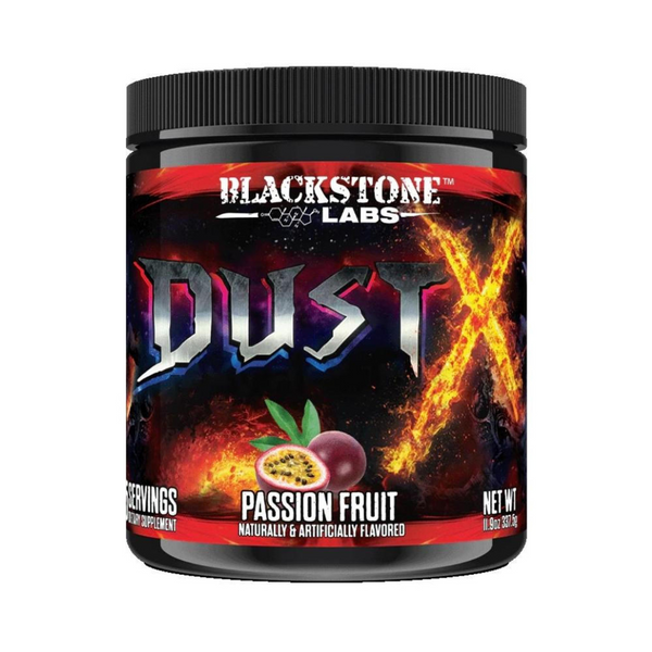 A tub of Blackstone Labs Dust-X on a white background. Flavor is Passion Fruit.