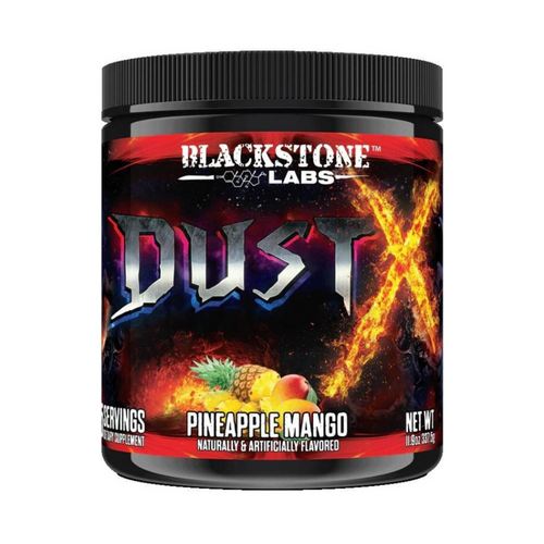 A tub of Blackstone Labs Dust-X on a white background. Flavor is Pineapple Mango.
