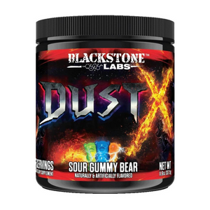 A tub of Blackstone Labs Dust-X on a white background. Flavor is Sour Gummy Bear