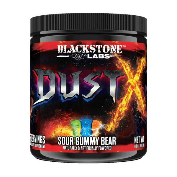 A tub of Blackstone Labs Dust-X on a white background. Flavor is Sour Gummy Bear