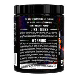A black plastic supplement tub with a black lid, featuring a detailed white warning label and text for 'The Perfect Pre-Workout' by Dush. The label includes a fiery red and orange gradient design on the right side.