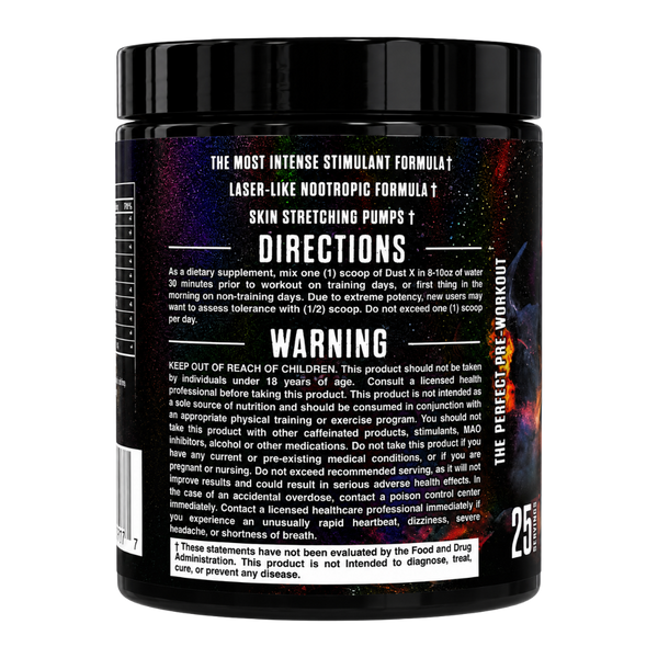 A black plastic supplement tub with a black lid, featuring a detailed white warning label and text for 'The Perfect Pre-Workout' by Dush. The label includes a fiery red and orange gradient design on the right side.