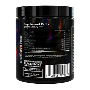 Back view of a Black Stone Labs supplement jar with a black lid and a dark holographic label showing the Supplement Facts panel and barcode.