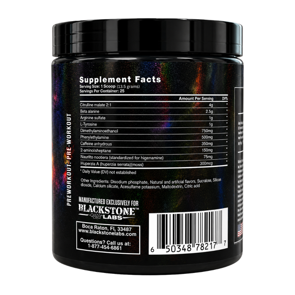 Back view of a Black Stone Labs supplement jar with a black lid and a dark holographic label showing the Supplement Facts panel and barcode.