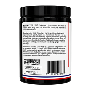  Blackstone Labs EAA 30 Servings suggested use and product information on back of the bottle on a white background.