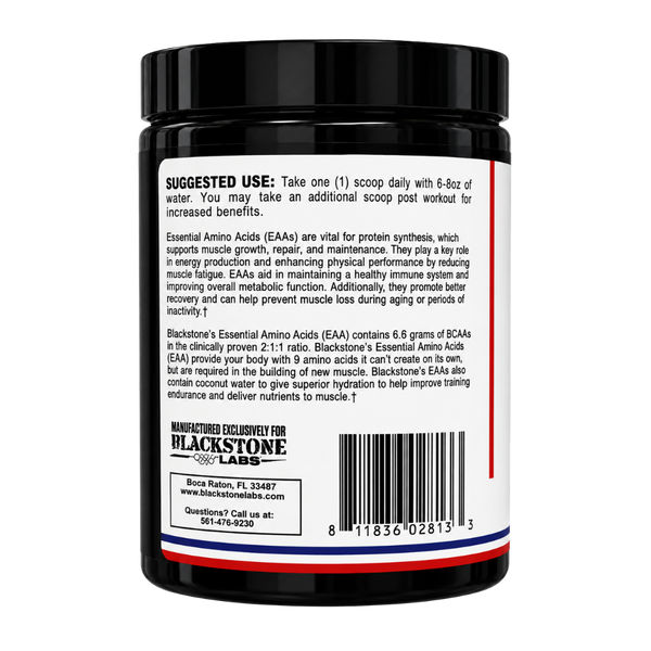  Blackstone Labs EAA 30 Servings suggested use and product information on back of the bottle on a white background.