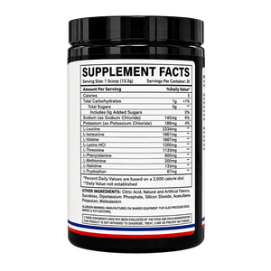  Blackstone Labs EAA 30 Servings  supplement facts label on the side of the bottle on a white background.