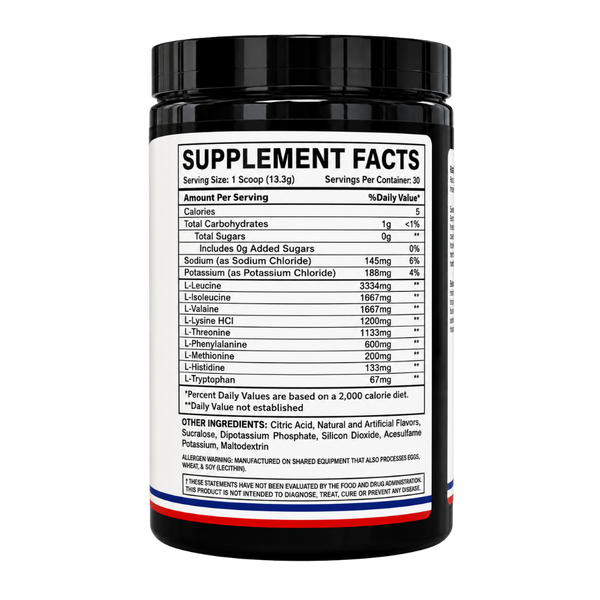  Blackstone Labs EAA 30 Servings  supplement facts label on the side of the bottle on a white background.