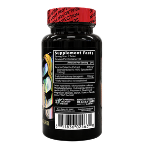 Blackstone Labs Epi-Smash supplement facts label displayed on the bottle with other ingredients listed.