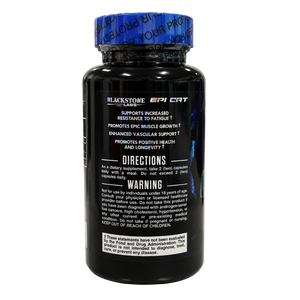 Blackstone Labs Epi Cat directions and warnings on the bottle on a white background