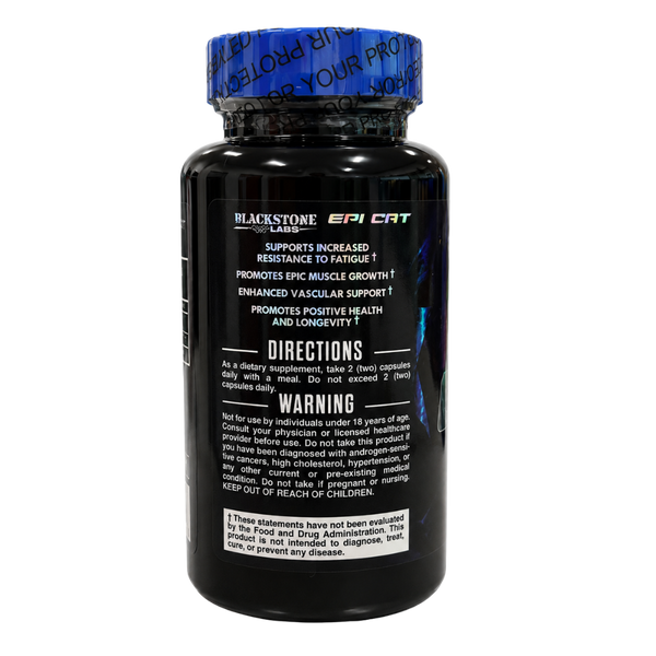 Blackstone Labs Epi Cat directions and warnings on the bottle on a white background