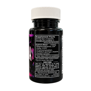 A black supplement bottle with a white ribbed cap, showing the Supplement Facts label on a plain white background.