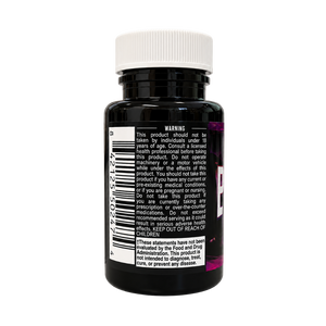 A black plastic supplement bottle with a white ribbed cap, showing the back label with a warning, barcode, and partial product name on a white background.