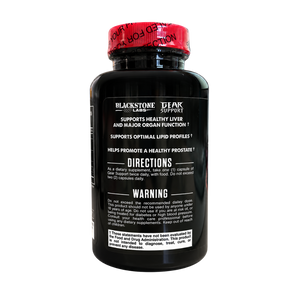 A black supplement bottle with a red cap seal, featuring a black label with white text for 'Blackstone Labs' and 'Tear Support'.