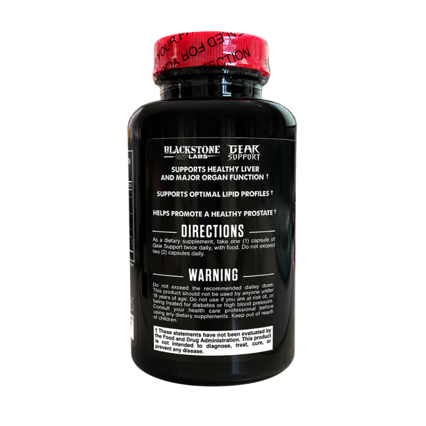 A black supplement bottle with a red cap seal, featuring a black label with white text for 'Blackstone Labs' and 'Tear Support'.