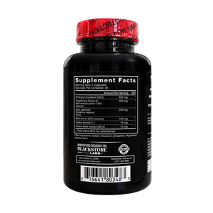 Black supplement bottle with a red security cap, showing the Supplement Facts label on a white background.